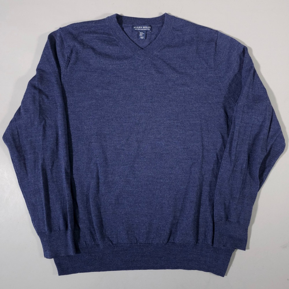 Allen Solly Sweater Men XL Blue 100% Extra Fine Merino Wool V-Neck Knit Pullover